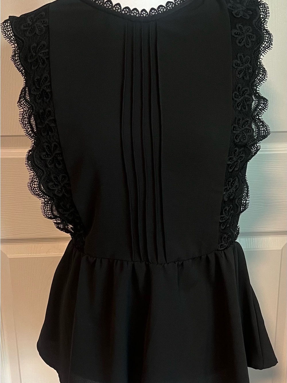 Monteau Los Angeles Black Lace-Trim Pleated Peplum Blouse